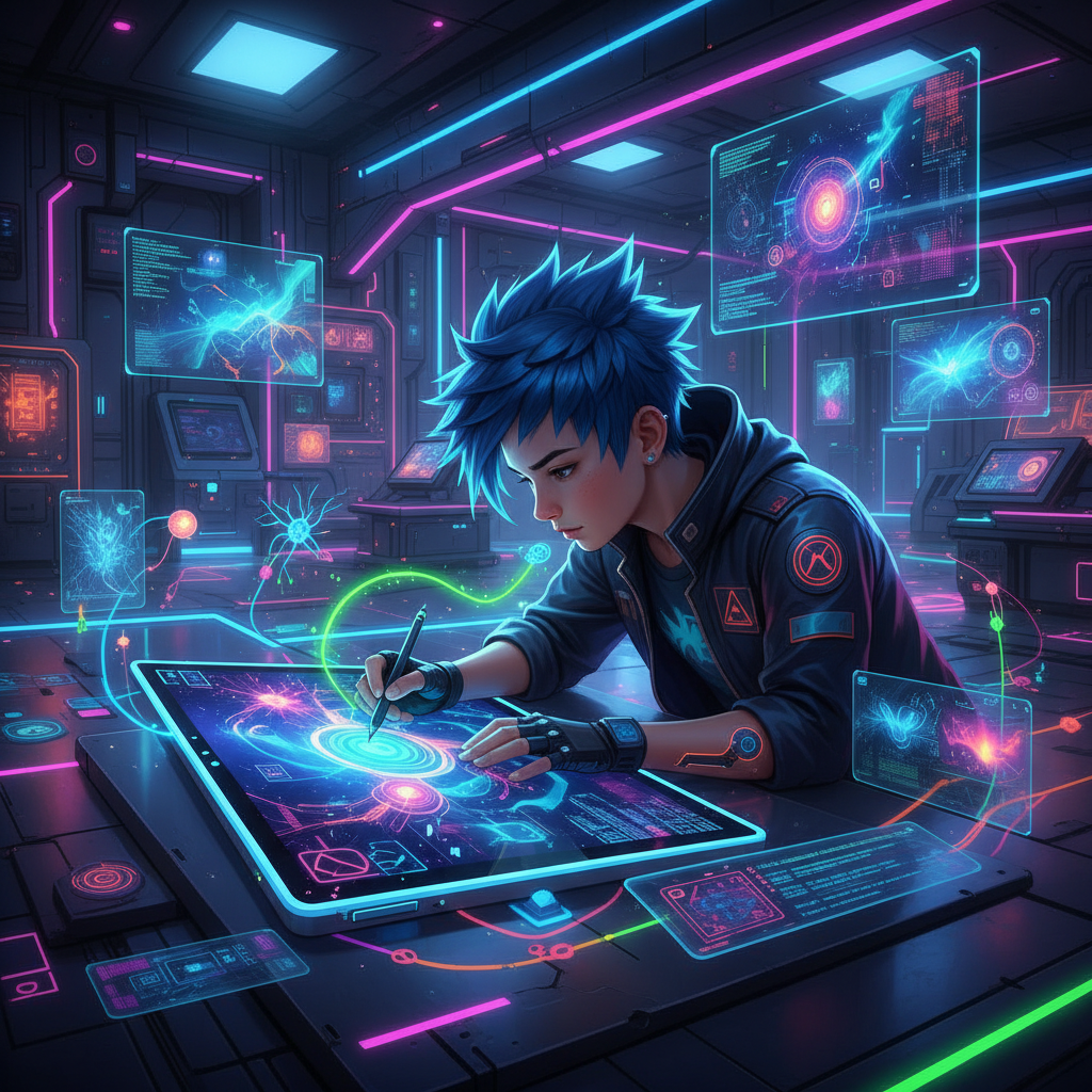 Artist selling AI-generated content, visualizing digital art creation on a tablet in a futuristic studio with glowing data streams.