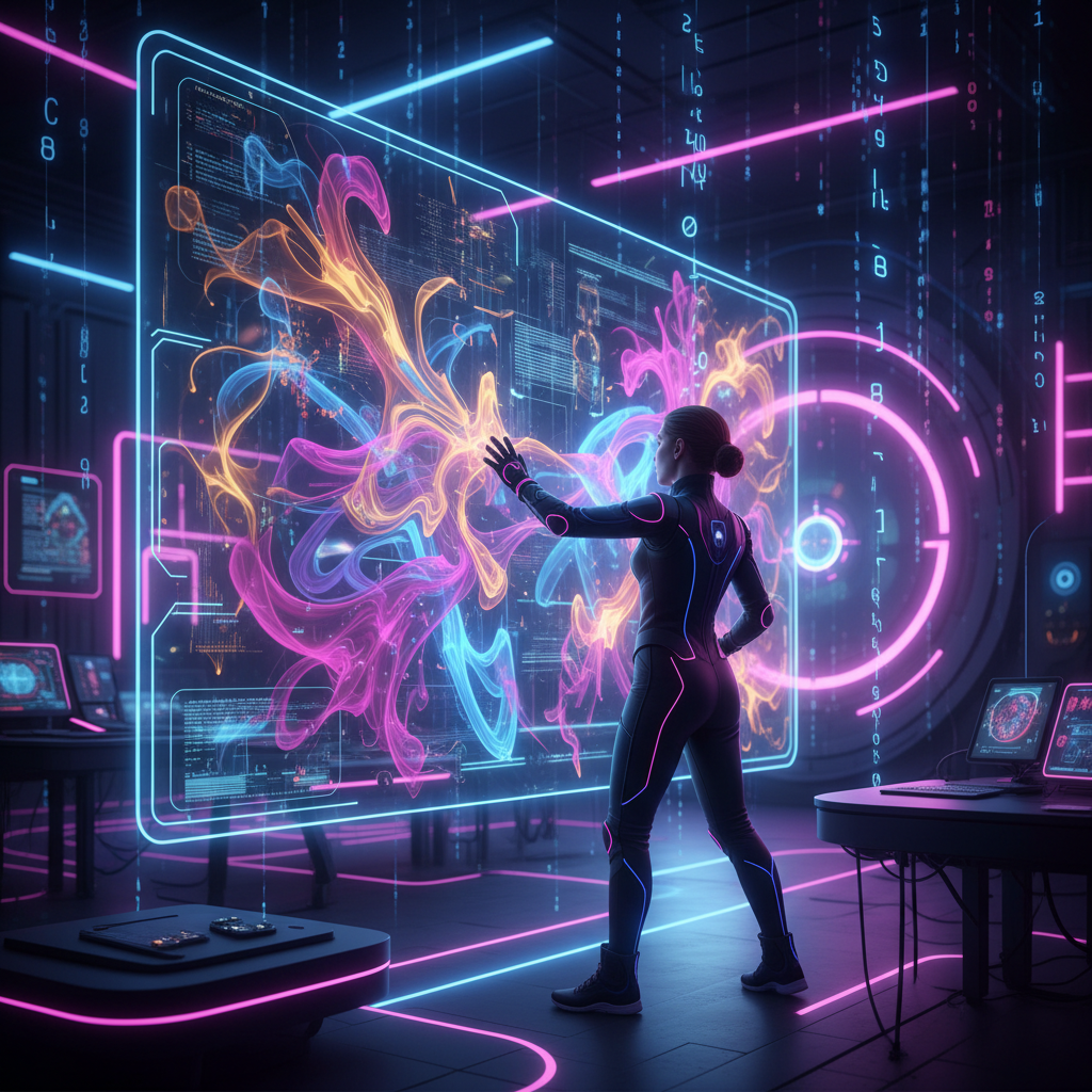 Artist using deepfake technology for faceless content creation, manipulating abstract digital art in a futuristic studio with neon lights