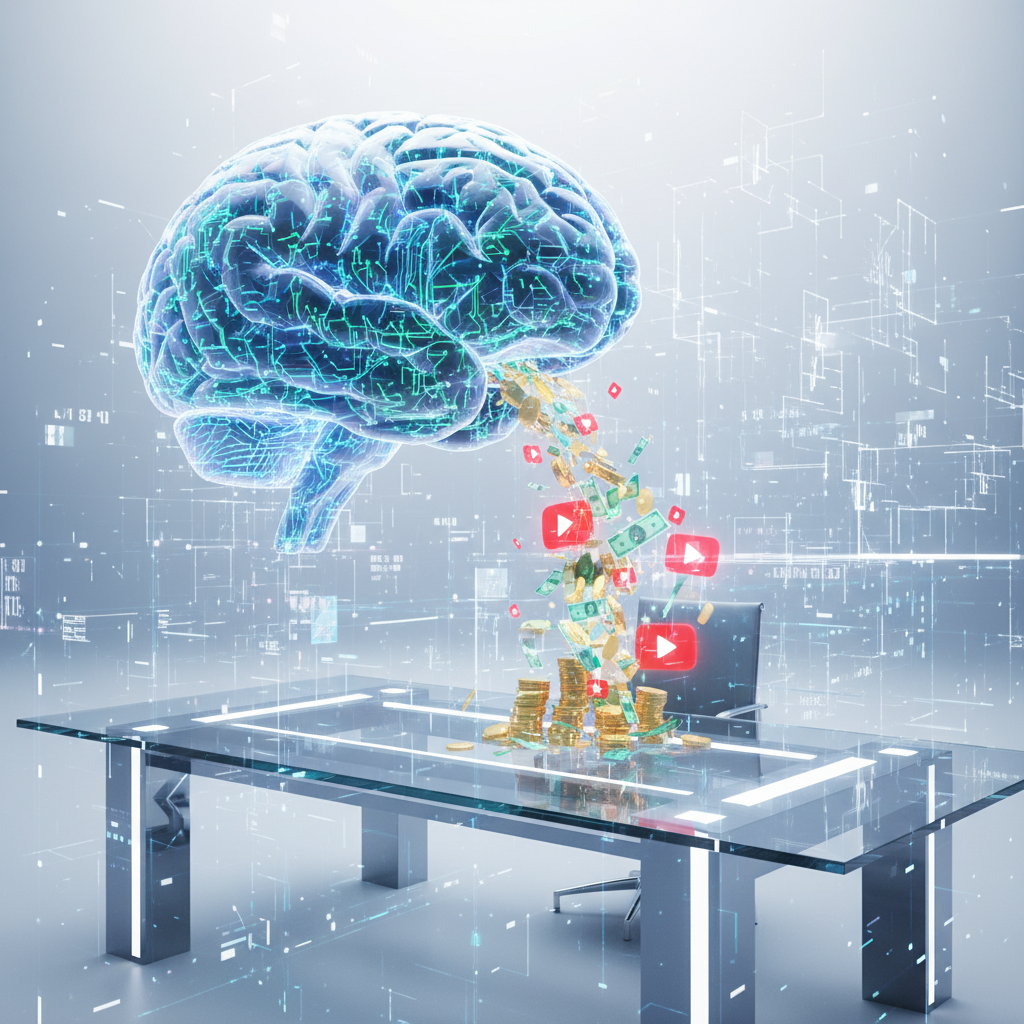 Automated AI content creation for passive income on YouTube, showcasing digital brain generating money and video icons. Automated AI content creation for passive income on YouTube, showcasing digital brain generating money and video icons.
