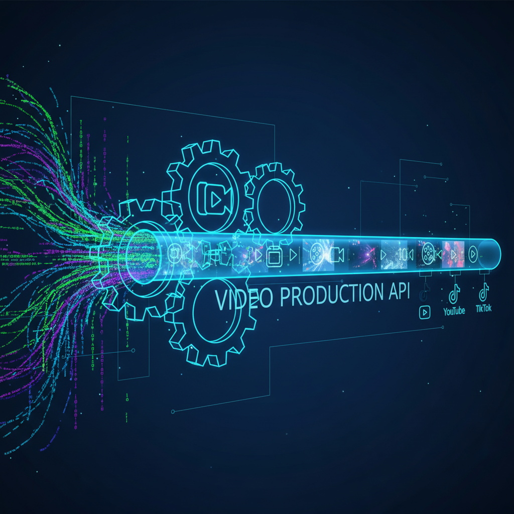 Automated video creation with APIs visualized as digital gears and code forming a production pipeline, bright futuristic lighting, vector art.