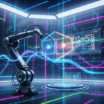 Automated video creation with APIs visualized by a robot building content, representing scaling production with technology and data.