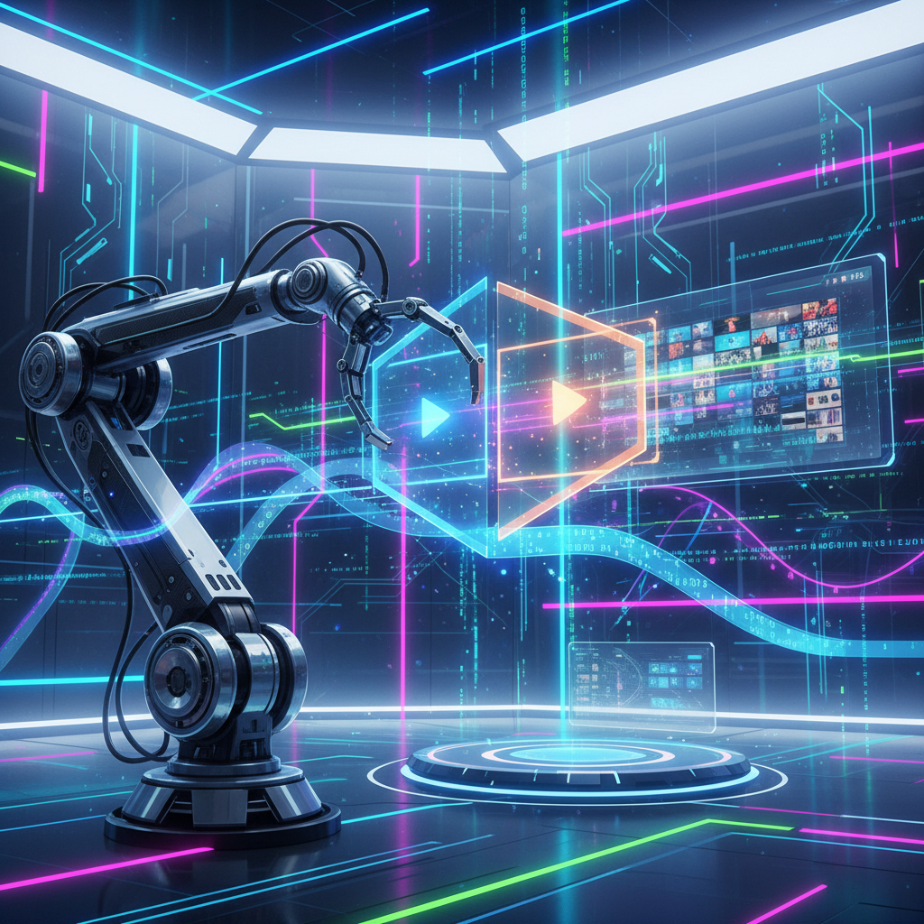 Automated video creation with APIs visualized by a robot building content, representing scaling production with technology and data.
