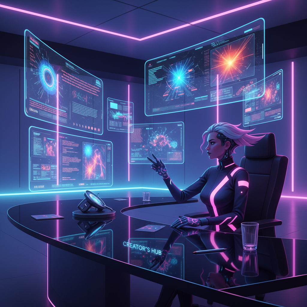 Best AI productivity tools for creators visualized: futuristic creator using holographic AI interfaces to automate workflow in 2026.