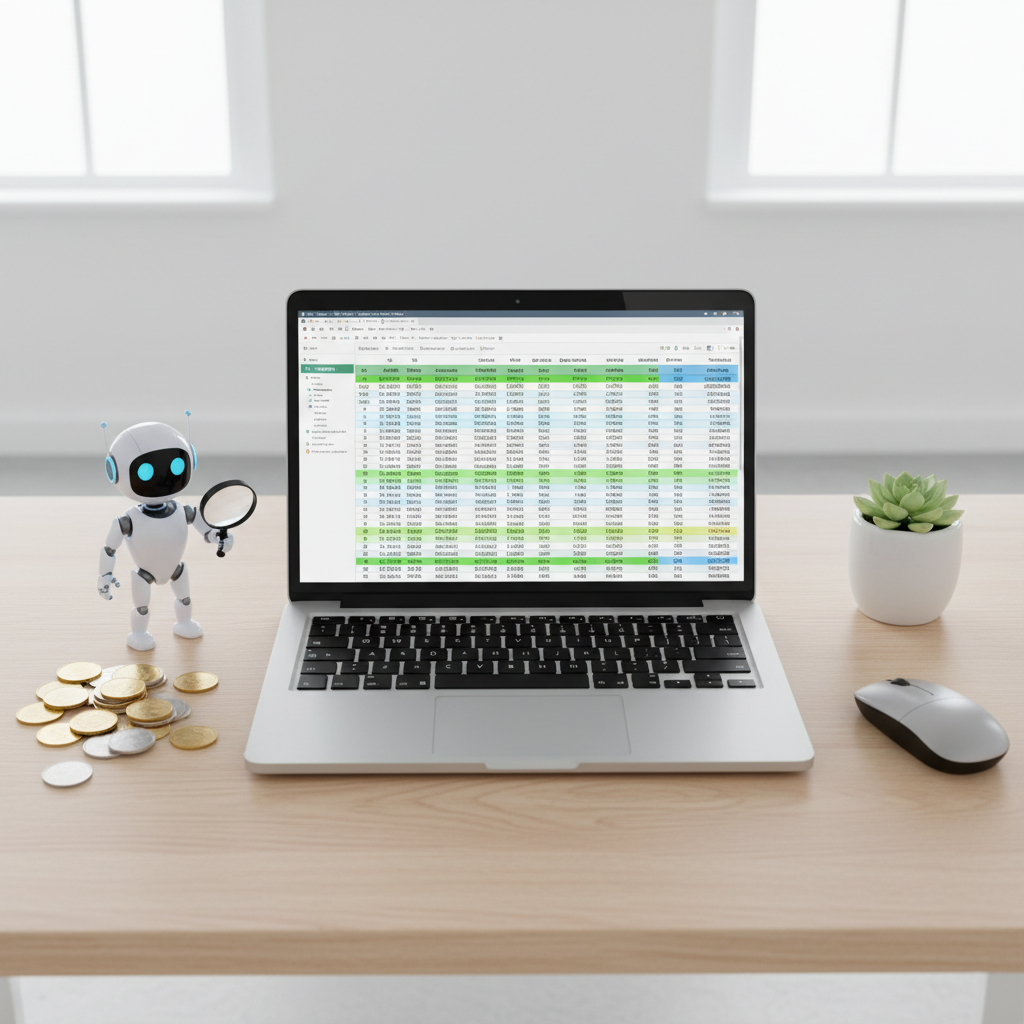 Budget breakdown for starting a faceless AI channel in 2026, showing coins, laptop, and AI robot on a desk.