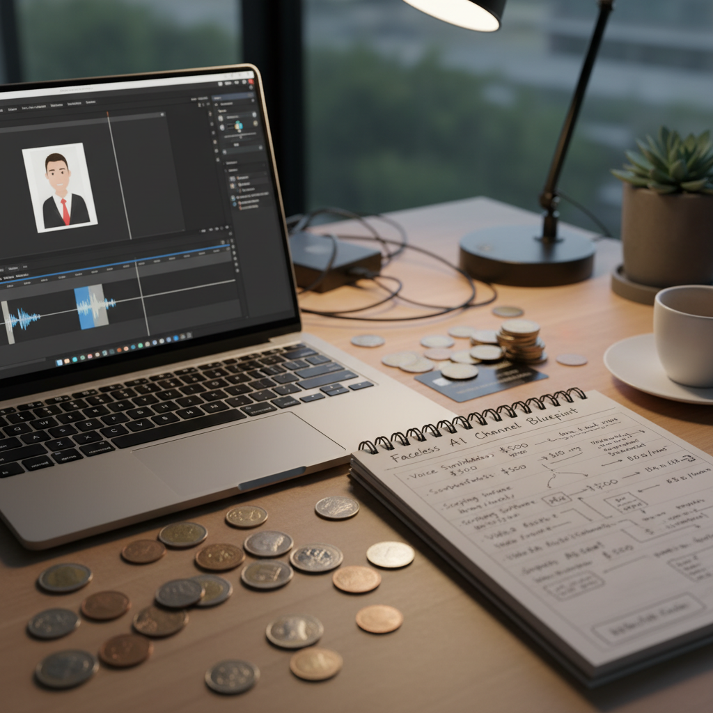 Budget breakdown for starting a faceless AI channel, showing a laptop, notebook, and coins on a desk, representing the cost.