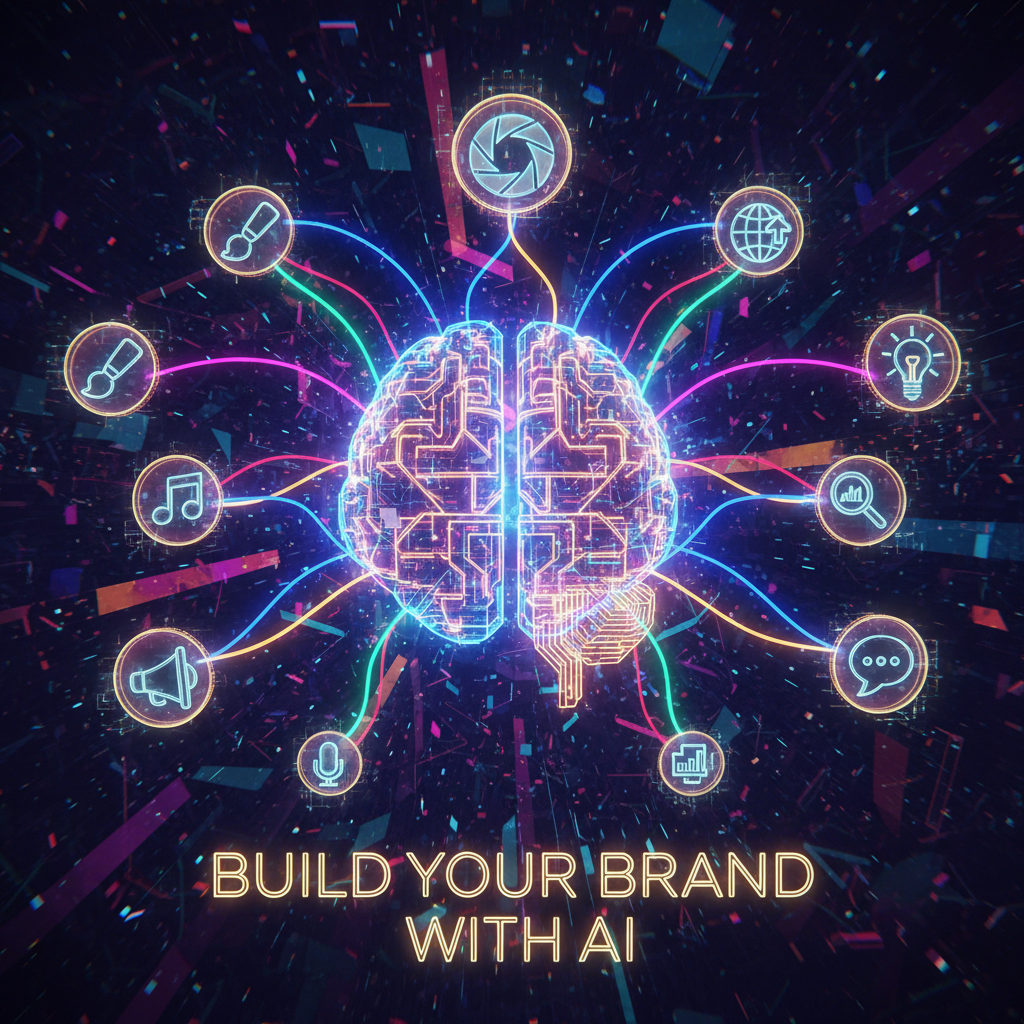 Building a memorable faceless brand with AI: abstract digital art of AI brain connecting to creative icons, symbolizing brand creation.