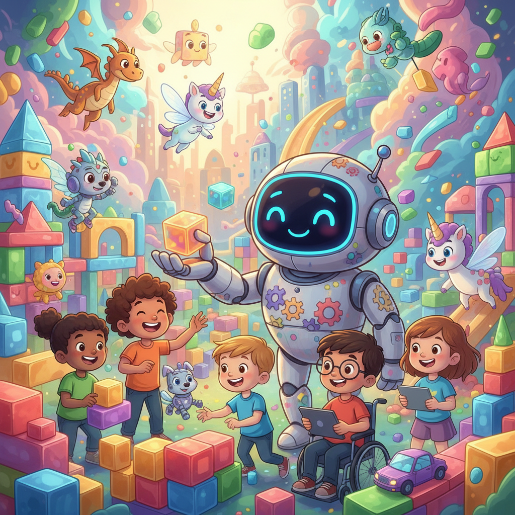 Children engaging with AI-generated content on a colorful digital platform, illustrating AI-generated content for kids channels.