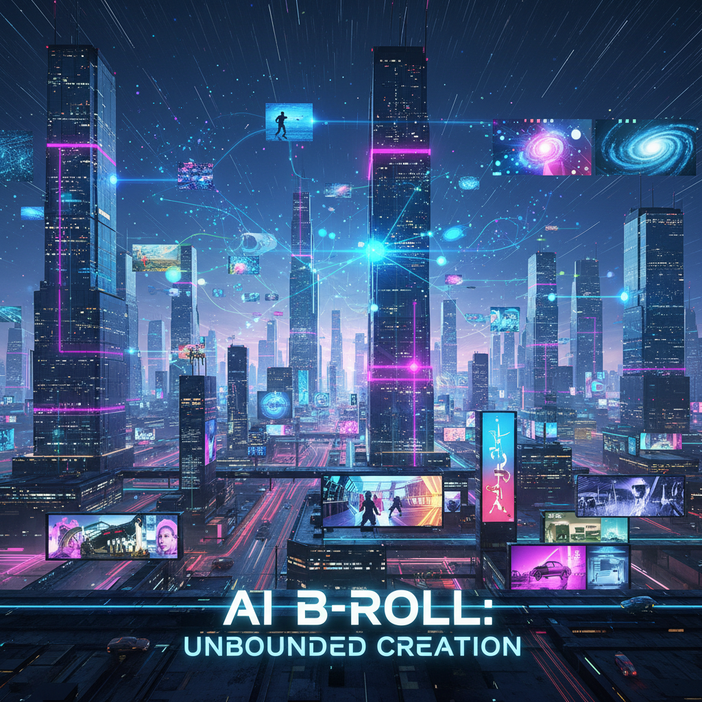 Cityscape illustration showing AI nodes, representing unlimited visual content for using AI for B-roll footage in videos.