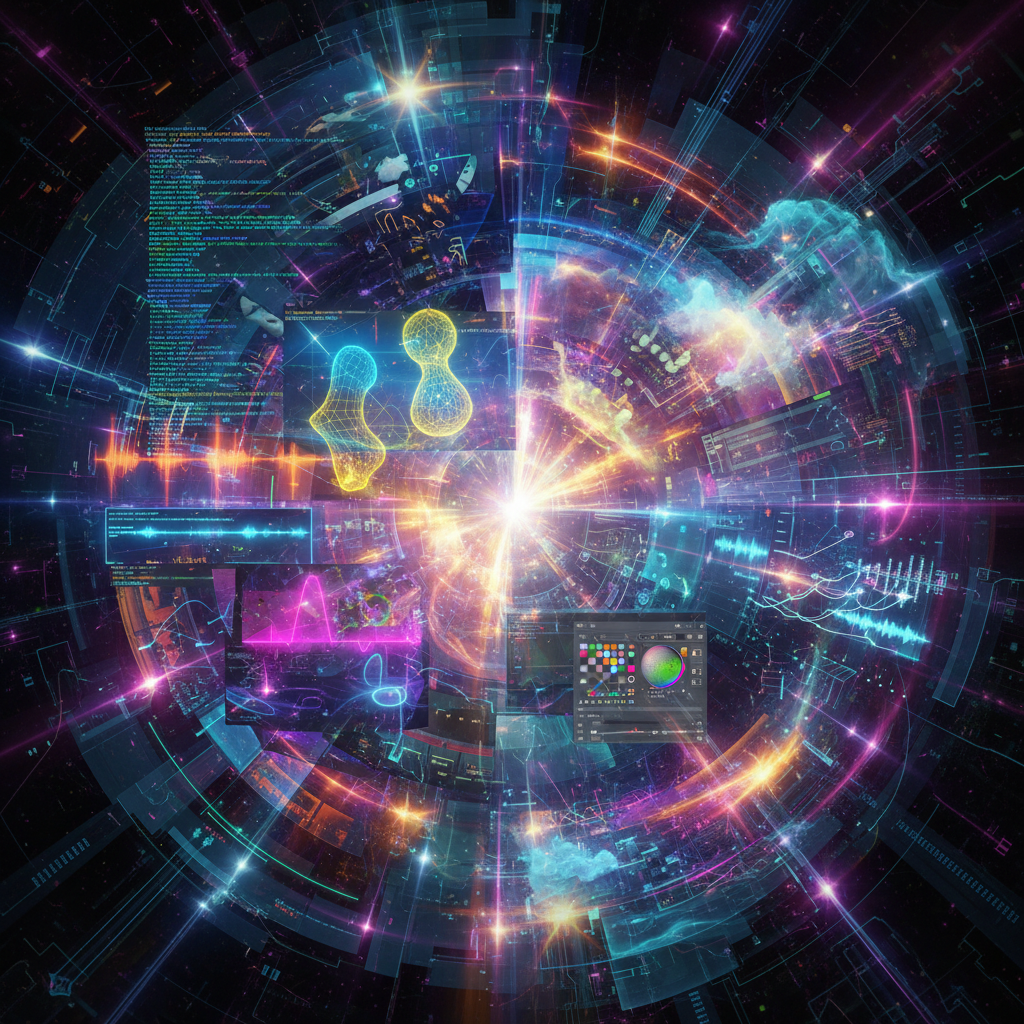 Collage showcasing diverse digital interfaces and creative tools, representing unique faceless content formats for 2026.