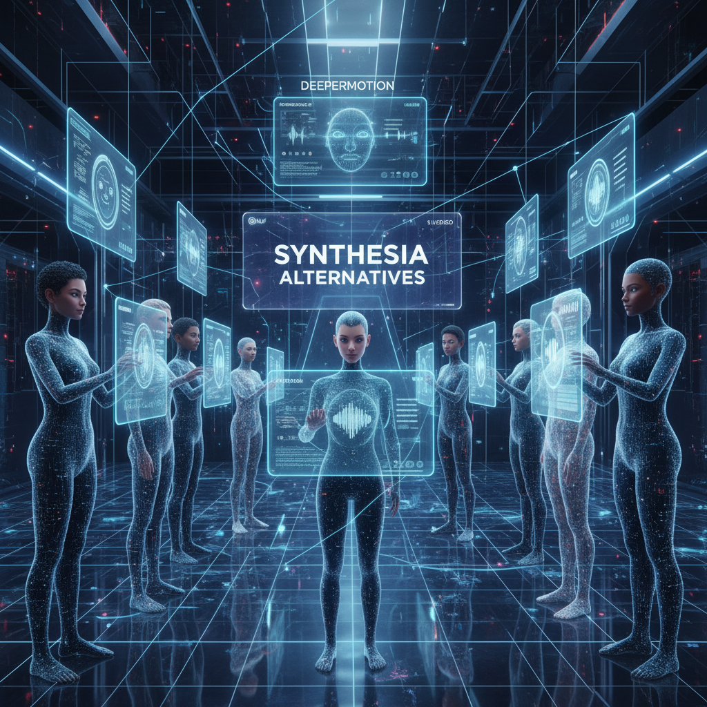 Comparison of AI avatars and digital interfaces, showcasing Synthesia alternatives for faceless videos in a futuristic tech setting. Comparison of AI avatars and digital interfaces, showcasing Synthesia alternatives for faceless videos in a futuristic tech setting.
