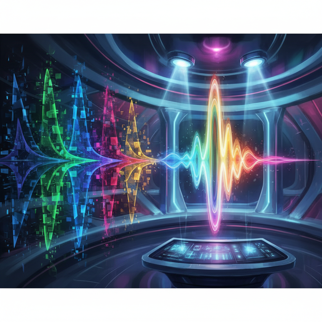 Comparison of AI voice cloning tools, showing diverse digital voices merging into one human-like soundwave, futuristic concept art