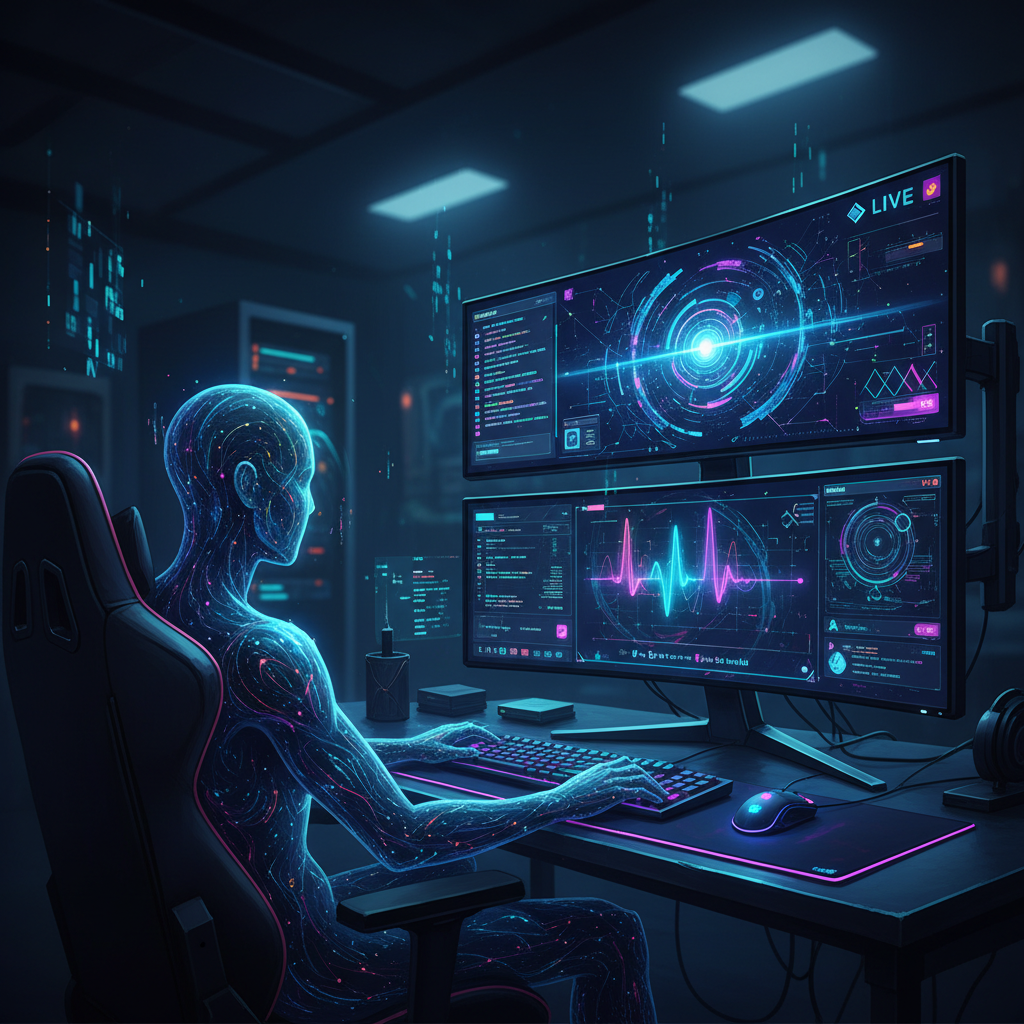 Computer setup for using AI for faceless Twitch streams, featuring glowing interface elements and dark ambient lighting.