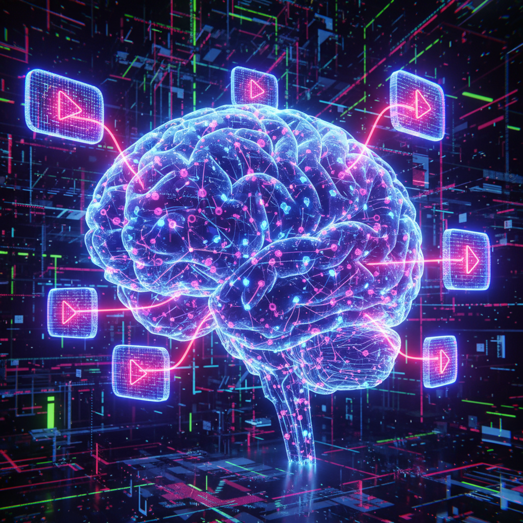 Conceptual illustration of a digital brain and YouTube play buttons, representing the YouTube Partner Program for AI channels.