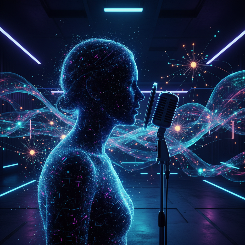 Creating anonymous content with AI: abstract digital representation of a person generating private audio and video using advanced artificial intelligence.