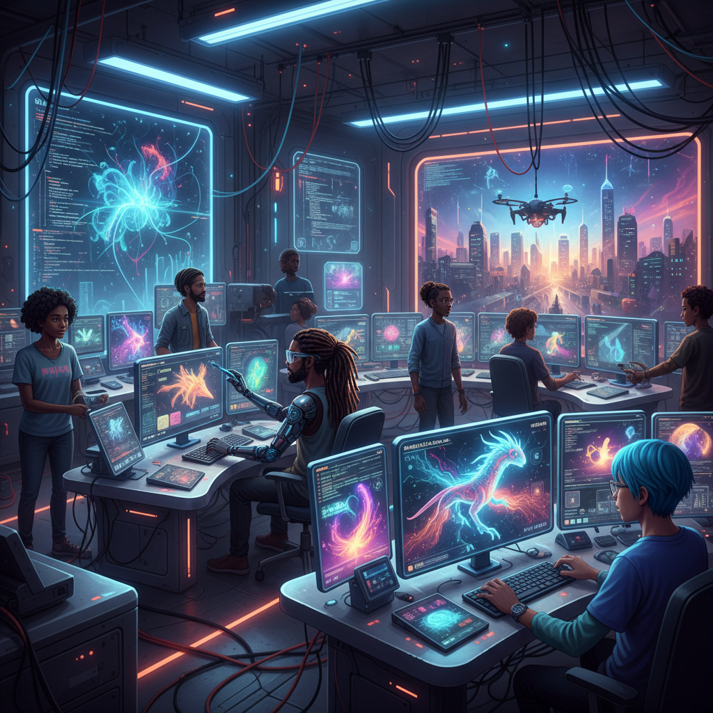 Creators leveraging faceless AI content tools for digital art and video creation in a futuristic studio environment. Creators leveraging faceless AI content tools for digital art and video creation in a futuristic studio environment.