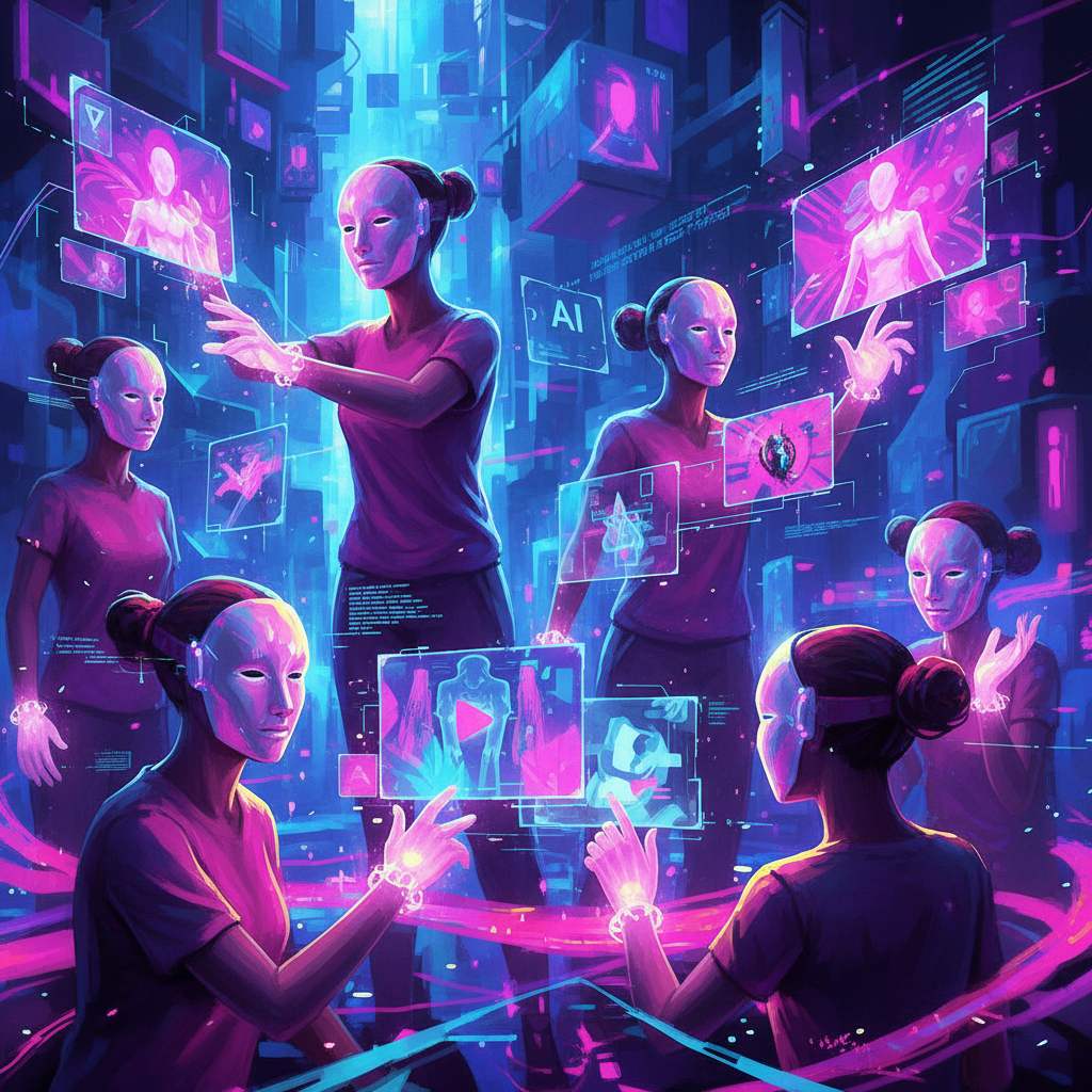 Creators using AI tools to produce faceless AI content, showcasing digital creation in a futuristic setting with neon lights. Creators using AI tools to produce faceless AI content, showcasing digital creation in a futuristic setting with neon lights.