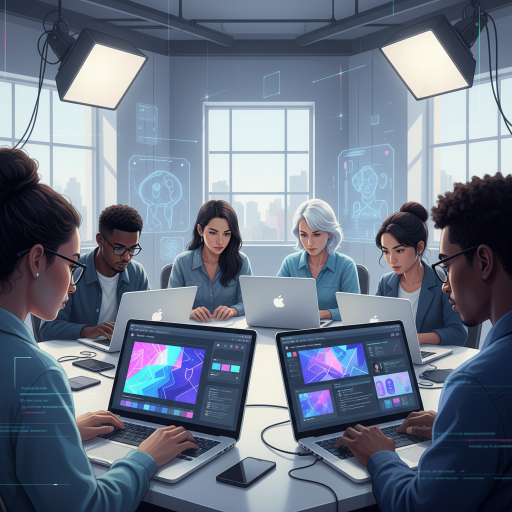 Creators using AI video editor without watermark to produce faceless content, showcasing digital tools and creative process. Creators using AI video editor without watermark to produce faceless content, showcasing digital tools and creative process.