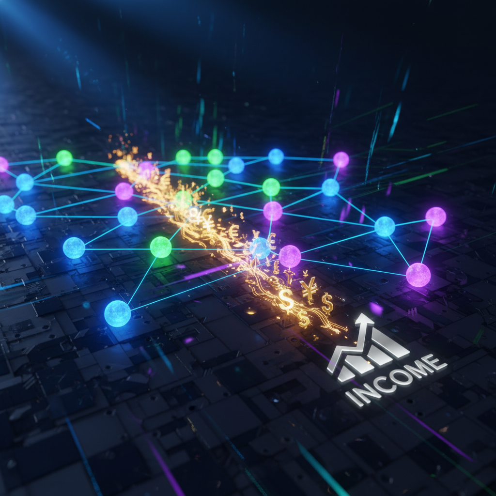 Digital illustration of faceless YouTube automation guide concept, idea to income flow, abstract network visualization.