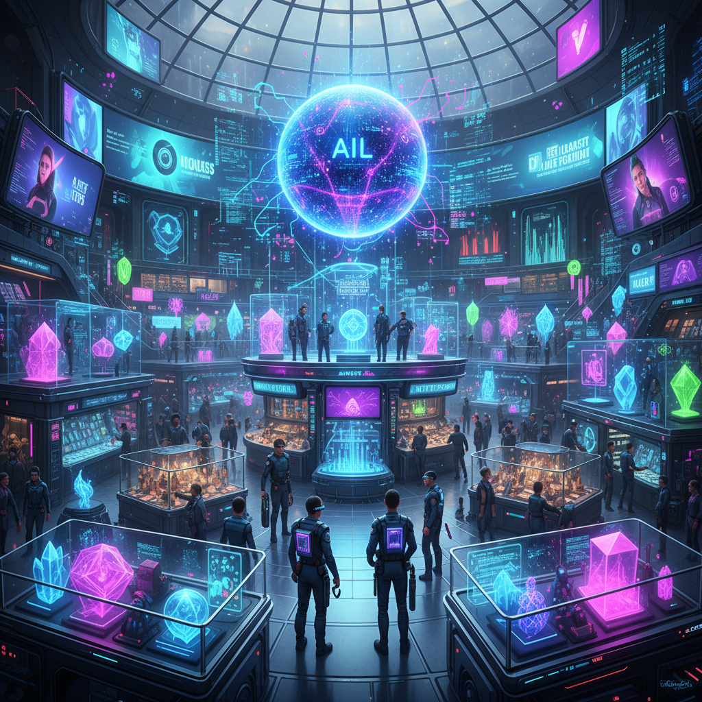 Digital marketplace showcasing AI-generated content for sale, with glowing interfaces and a futuristic, vibrant atmosphere.