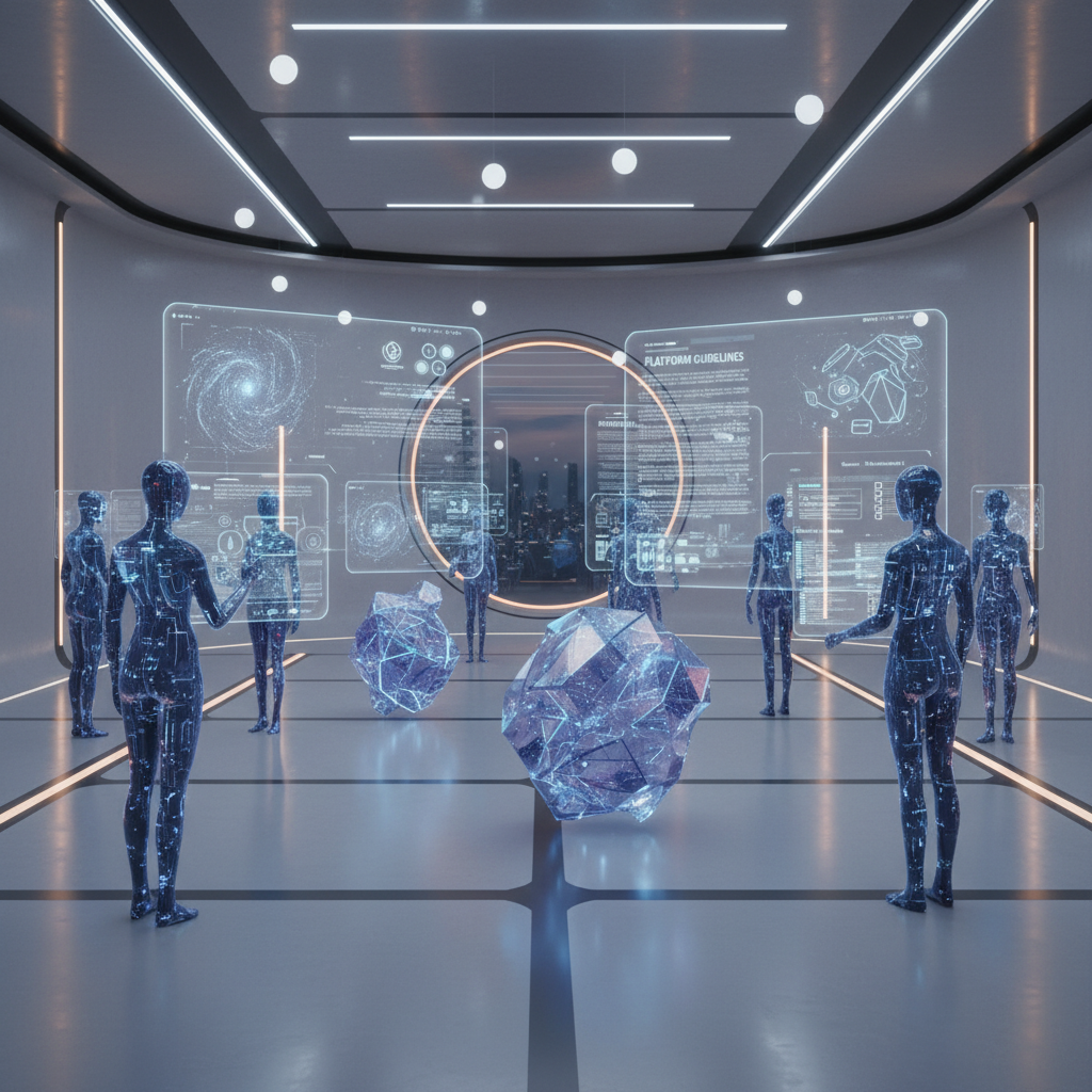 Diverse AI avatars for anonymous creators reviewing platform rules on digital screens, illustrating compliance for AI avatar usage.