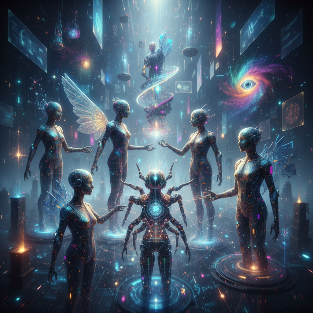 Diverse AI avatars for faceless creators in a glowing digital space, illustrating AI avatar creation for content creators. Diverse AI avatars for faceless creators in a glowing digital space, illustrating AI avatar creation for content creators.