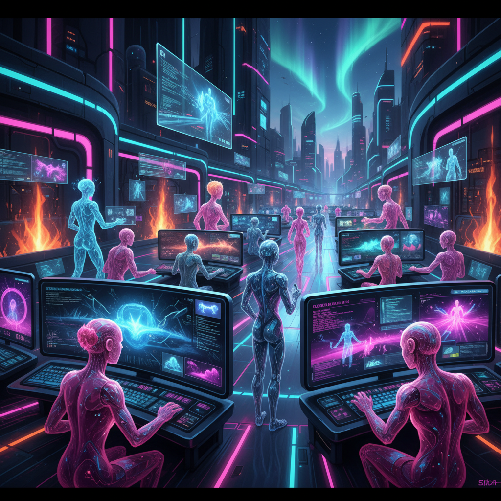 Diverse AI avatars generating content for faceless YouTube channel ideas with AI, futuristic studio, vibrant digital art.