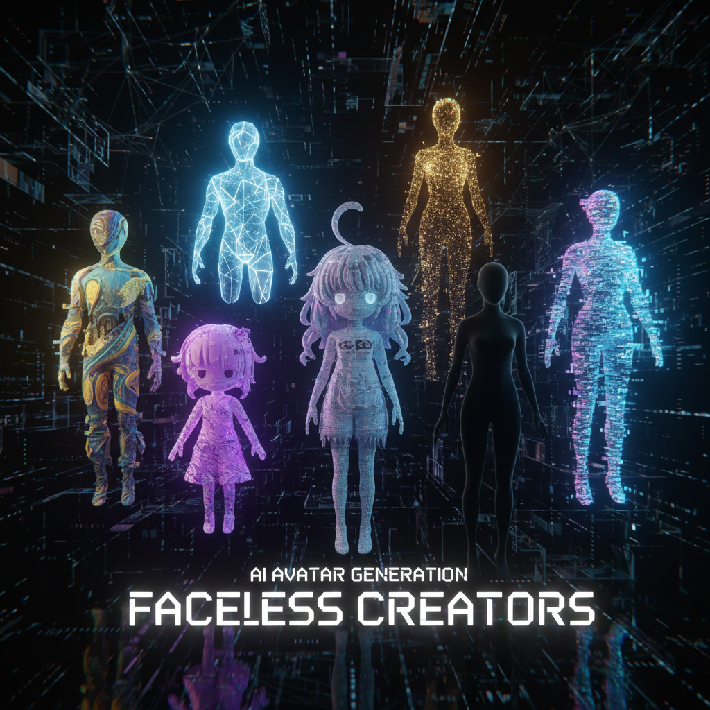 Diverse AI avatars in various styles, illustrating AI avatar creation for faceless creators against a digital backdrop. Diverse AI avatars in various styles, illustrating AI avatar creation for faceless creators against a digital backdrop.
