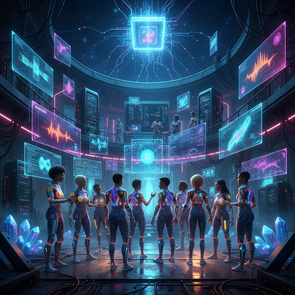 Diverse AI avatars interacting with futuristic interfaces, illustrating top AI avatar generators for YouTube creators in 2026.