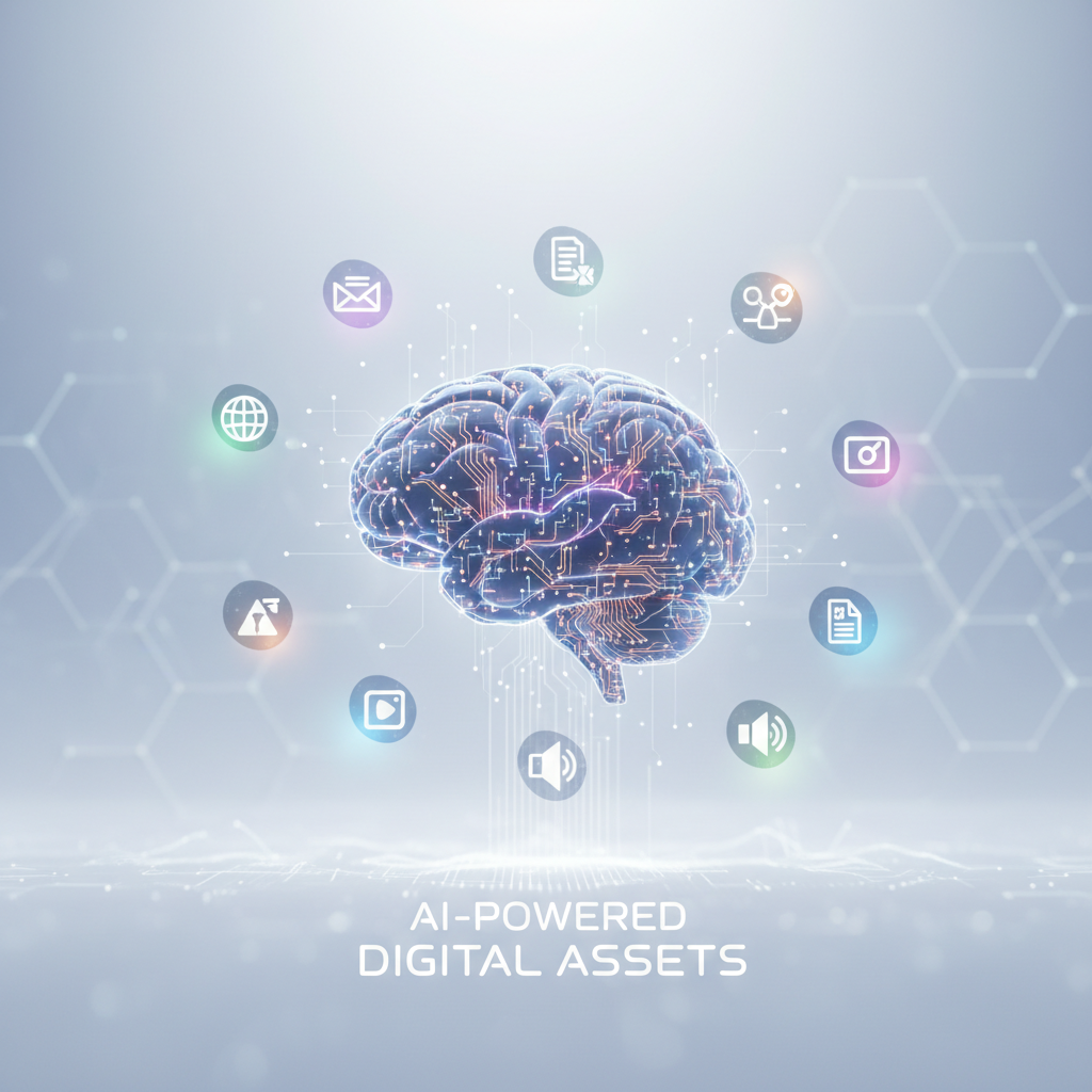 Diverse AI-generated faceless digital products displayed around a glowing AI brain, illustrating where to sell them.
