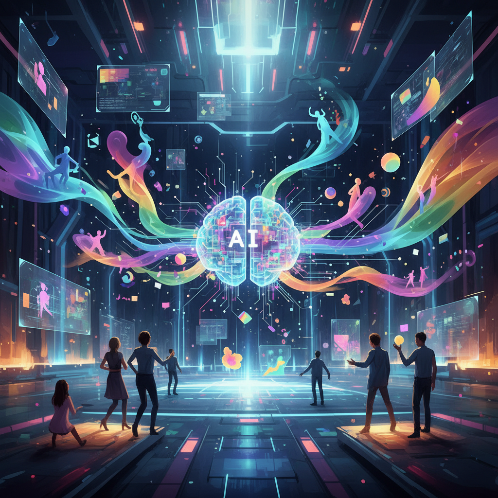 Diverse AI-powered faceless content formats illustrated, showcasing unique digital creations beyond screen recordings in a futuristic studio setting. Diverse AI-powered faceless content formats illustrated, showcasing unique digital creations beyond screen recordings in a futuristic studio setting.