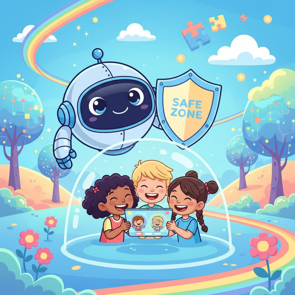 Diverse children watch tablet safely with AI robot shield, illustrating AI-generated content for kids channels on YouTube.