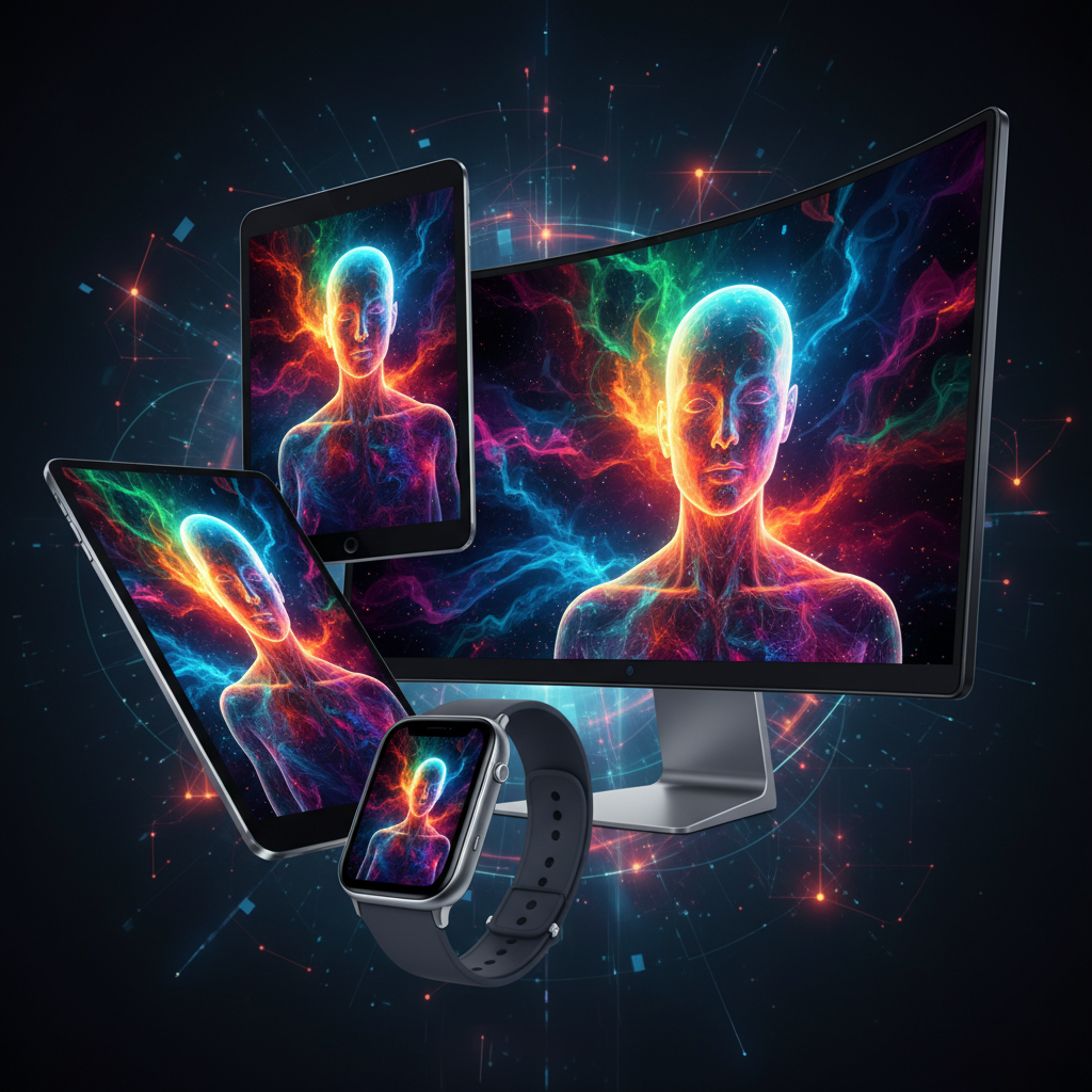 Diverse devices showcase AI-generated faceless content, illustrating free AI tools for faceless content creation.