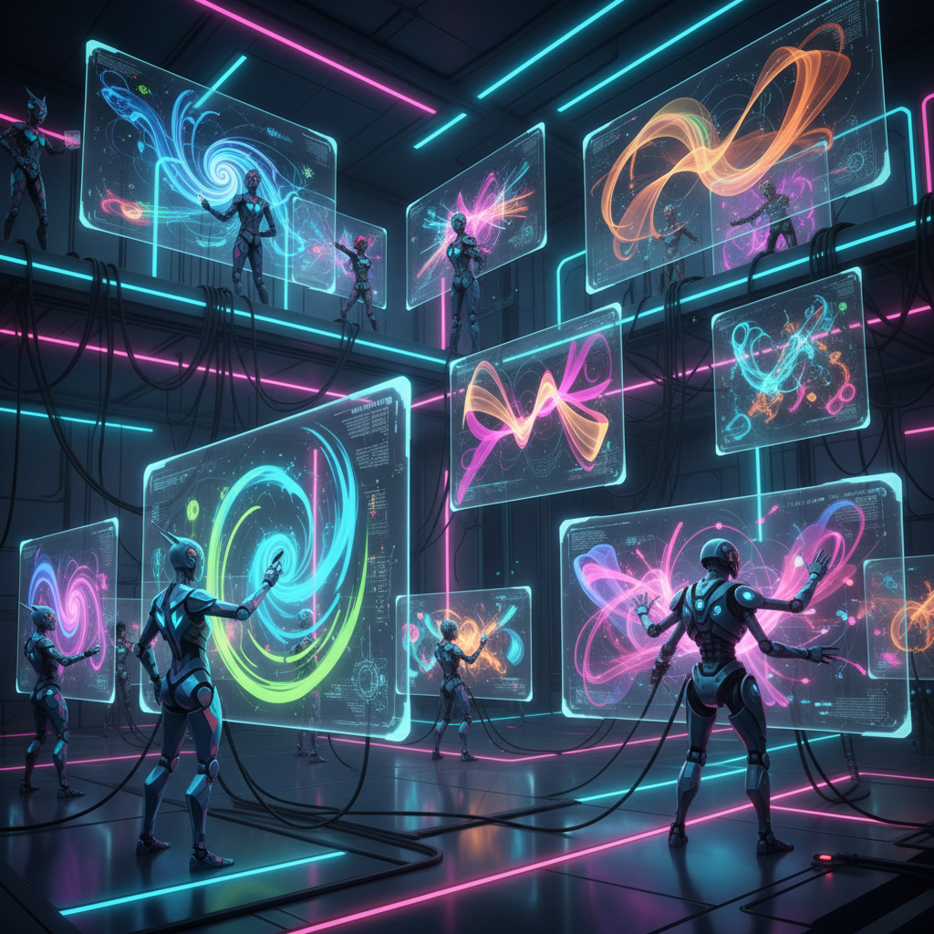 Diverse digital characters using AI animation software for faceless videos, creating abstract visuals on futuristic glowing screens.