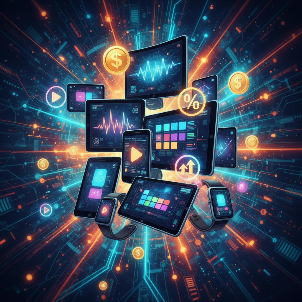 Diverse digital devices showcasing faceless content examples with glowing monetization icons, illustrating effective online income strategies. Diverse digital devices showcasing faceless content examples with glowing monetization icons, illustrating effective online income strategies.
