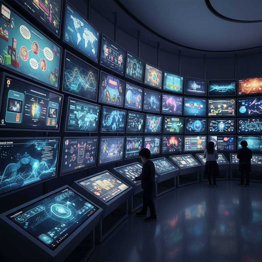 Diverse digital screens showcasing effective faceless content formats for educational channels, featuring abstract visuals and interfaces.