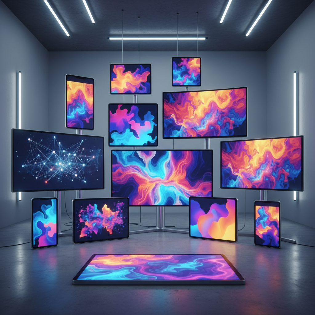 Diverse digital screens showcasing unique faceless content formats with abstract visuals in a modern, minimalist studio setting. Diverse digital screens showcasing unique faceless content formats with abstract visuals in a modern, minimalist studio setting.