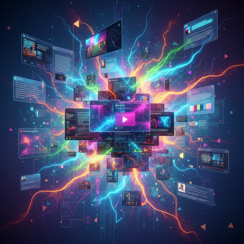 Diverse faceless AI content types visualized as digital art collage, showcasing articles, videos, and social media, representing the future of content. Diverse faceless AI content types visualized as digital art collage, showcasing articles, videos, and social media, representing the future of content.