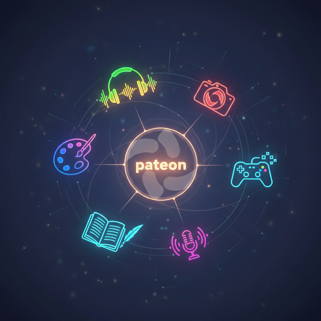 Diverse faceless content icons for Patreon, representing art, music, and writing, glowing vibrantly in a modern digital art style. Diverse faceless content icons for Patreon, representing art, music, and writing, glowing vibrantly in a modern digital art style.