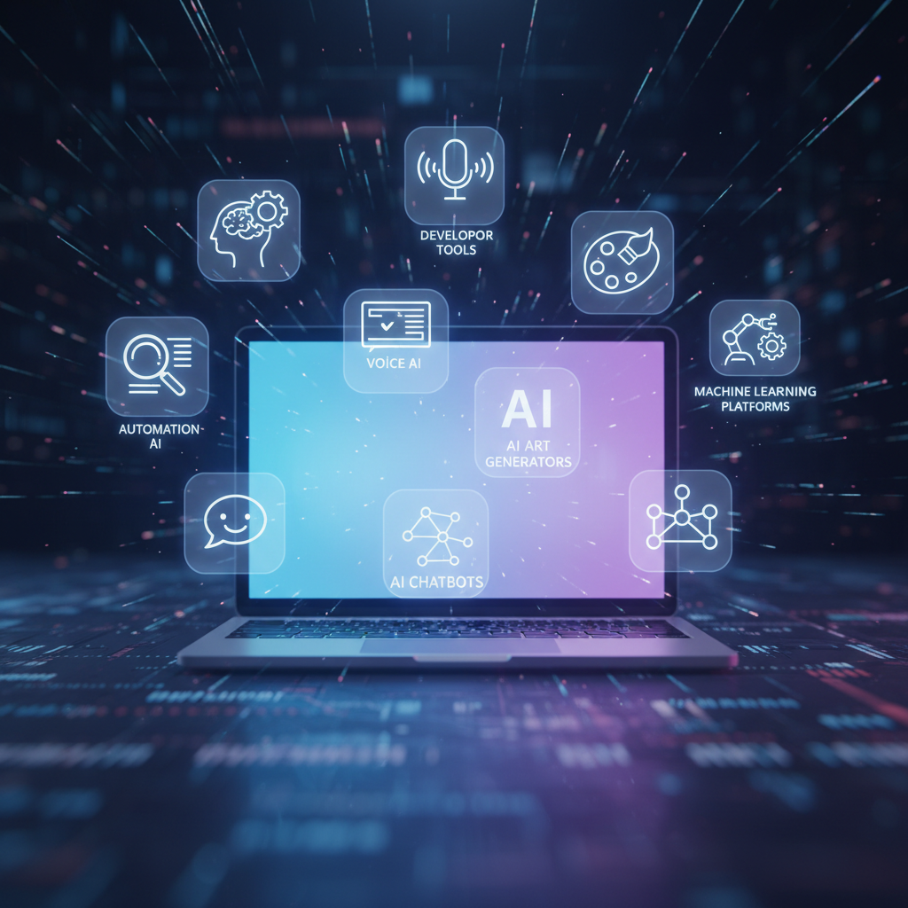 Diverse free AI tools for faceless content creation visualized as floating digital icons around a glowing laptop screen.