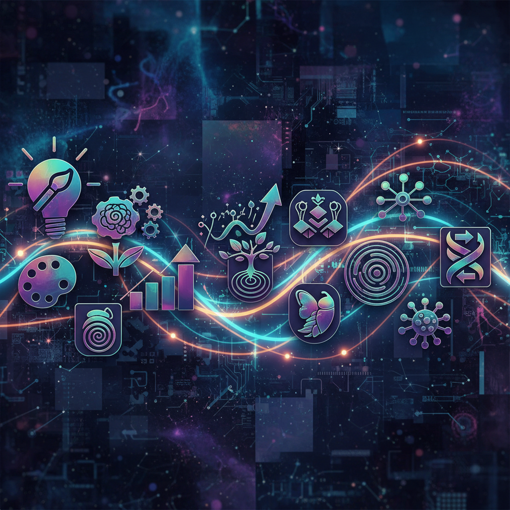 Diverse icons symbolizing faceless video ideas and viral success, connected by glowing lines, illustrating the formula for viral content. Diverse icons symbolizing faceless video ideas and viral success, connected by glowing lines, illustrating the formula for viral content.