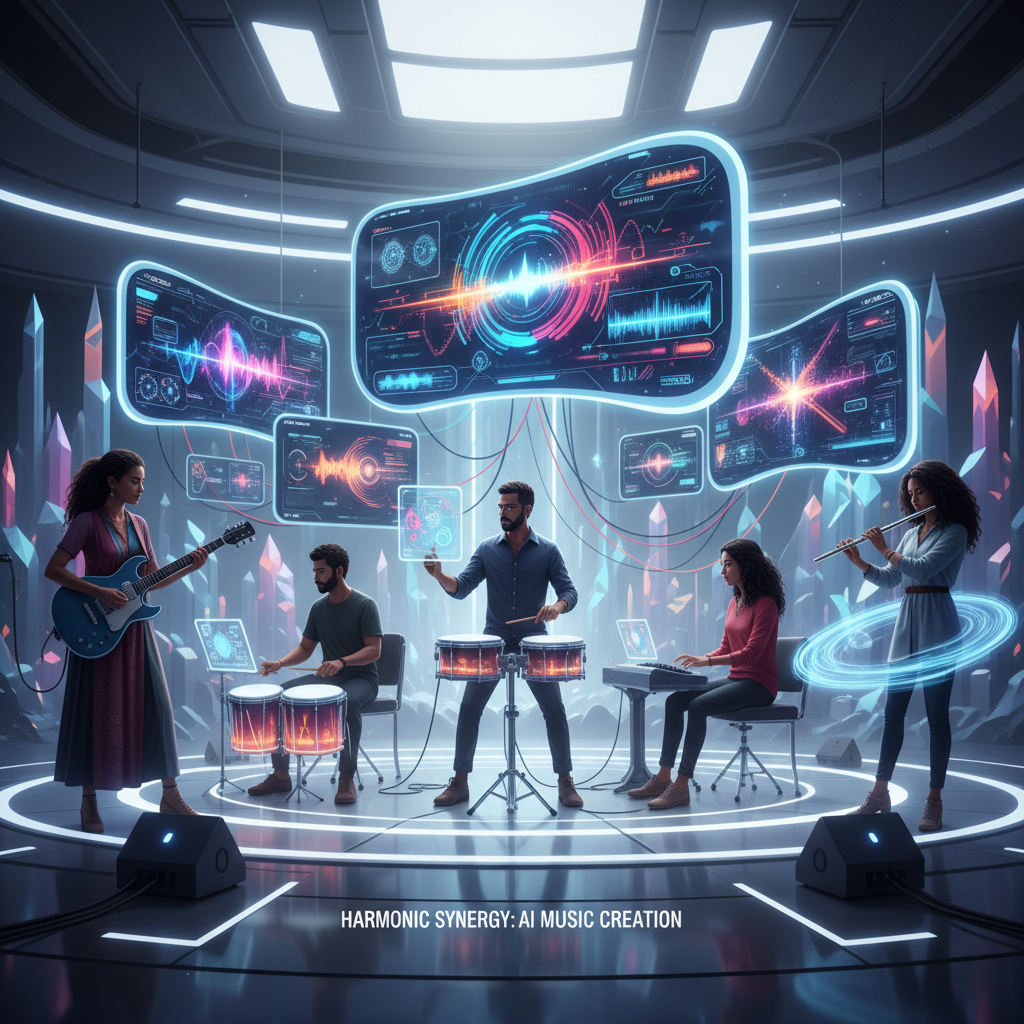Diverse musicians and AI interfaces creating AI-generated music for videos, showcasing innovative technology for content creators in a bright studio.