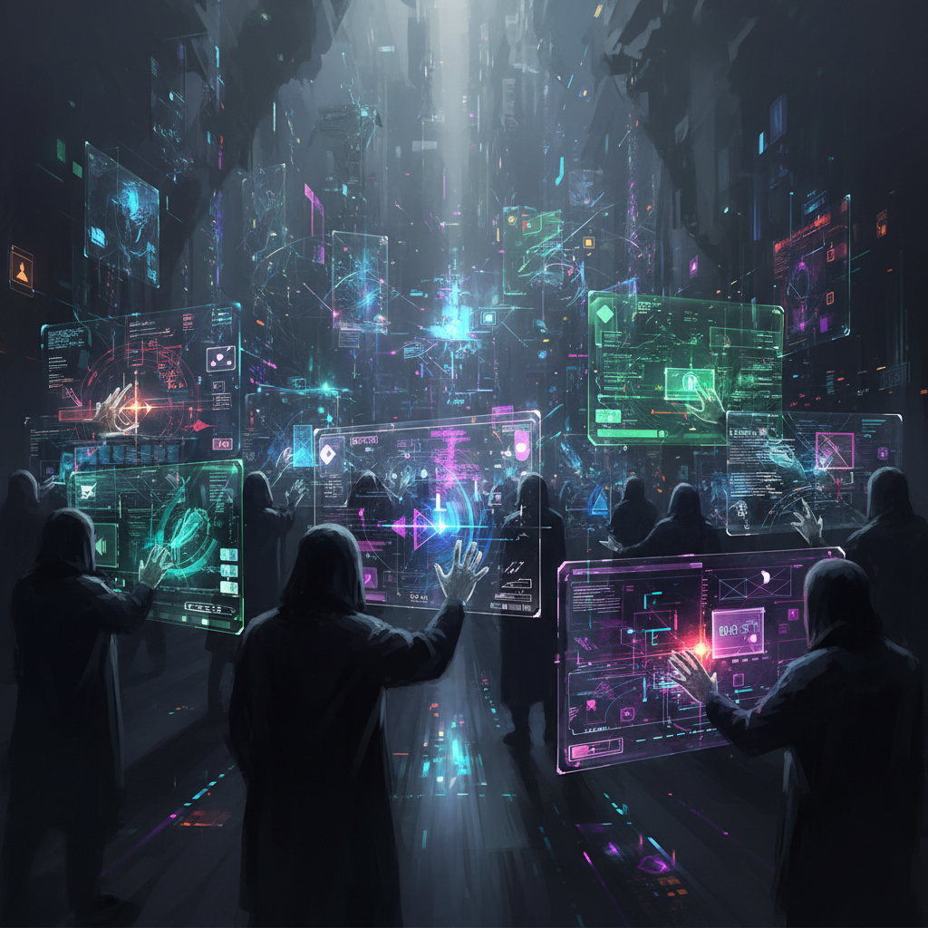 Diverse shadowy figures using holographic AI interfaces, illustrating AI voice generators for anonymous content creation in a futuristic digital setting. Diverse shadowy figures using holographic AI interfaces, illustrating AI voice generators for anonymous content creation in a futuristic digital setting.