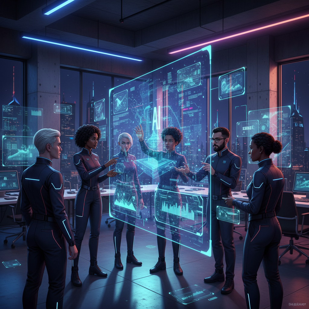 Diverse team managing scaling AI content creation business, collaborating on holographic AI interface in futuristic office