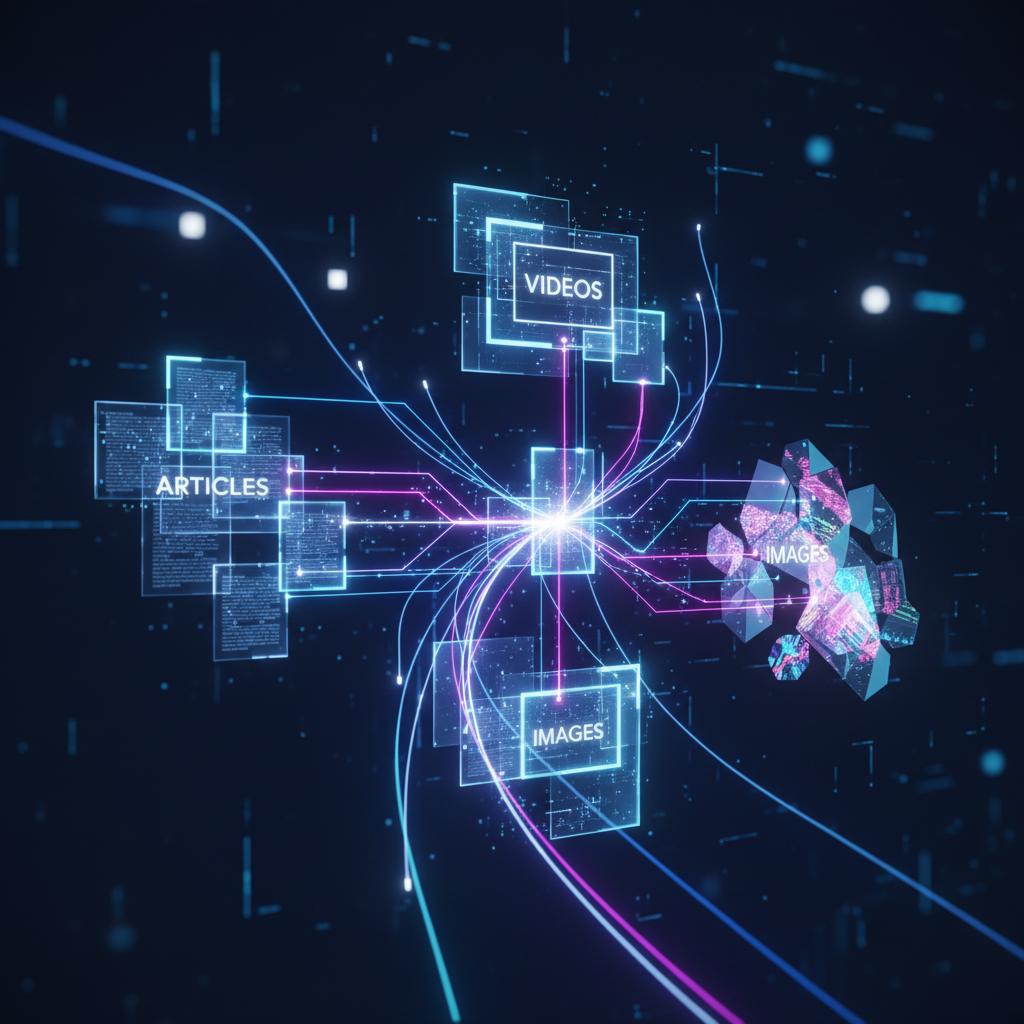 Diverse types of faceless AI content illustrated abstractly, including articles, videos, and images, connected by glowing lines in a futuristic digital art style. Diverse types of faceless AI content illustrated abstractly, including articles, videos, and images, connected by glowing lines in a futuristic digital art style.