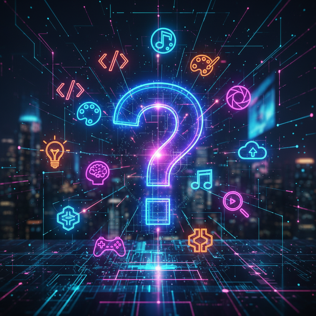 Diverse unique faceless content formats illustrated with abstract digital icons and creative tools, representing innovative digital content creation. Diverse unique faceless content formats illustrated with abstract digital icons and creative tools, representing innovative digital content creation.