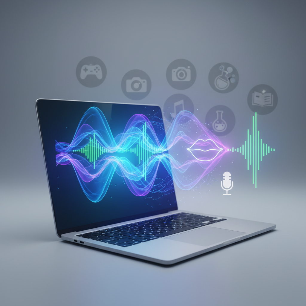 Diverse YouTube niche icons surrounding abstract soundwaves, illustrating the use of AI voiceover for faceless channels in 2026.