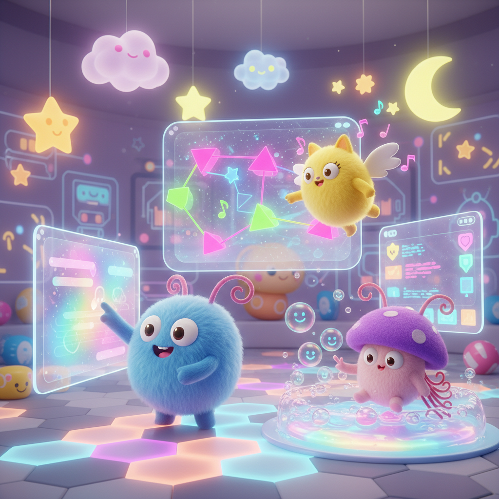 Engaging AI-generated content for kids channels illustrated with friendly animated characters and vibrant digital tools in a bright studio.