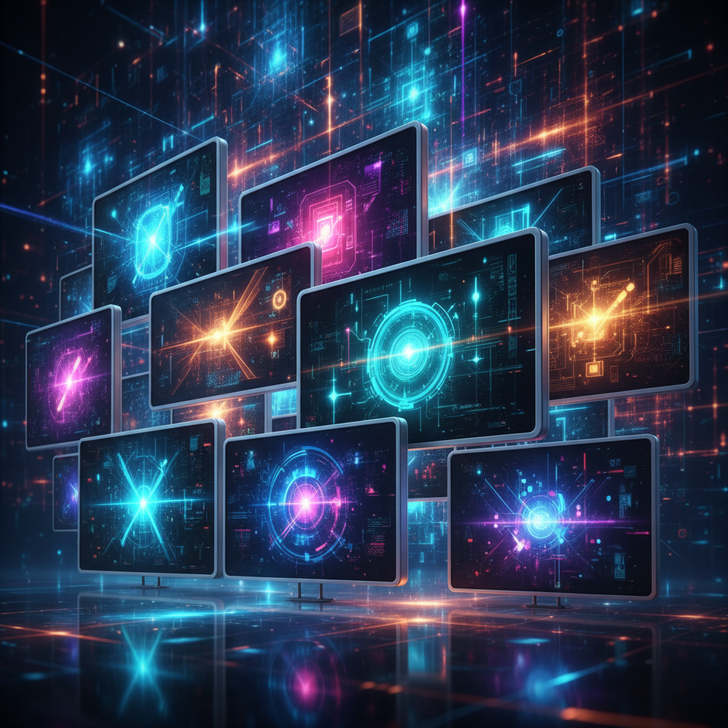 Engaging faceless content examples displayed on multiple digital screens, showcasing popular YouTube trends in a modern, vibrant digital art style. Engaging faceless content examples displayed on multiple digital screens, showcasing popular YouTube trends in a modern, vibrant digital art style.