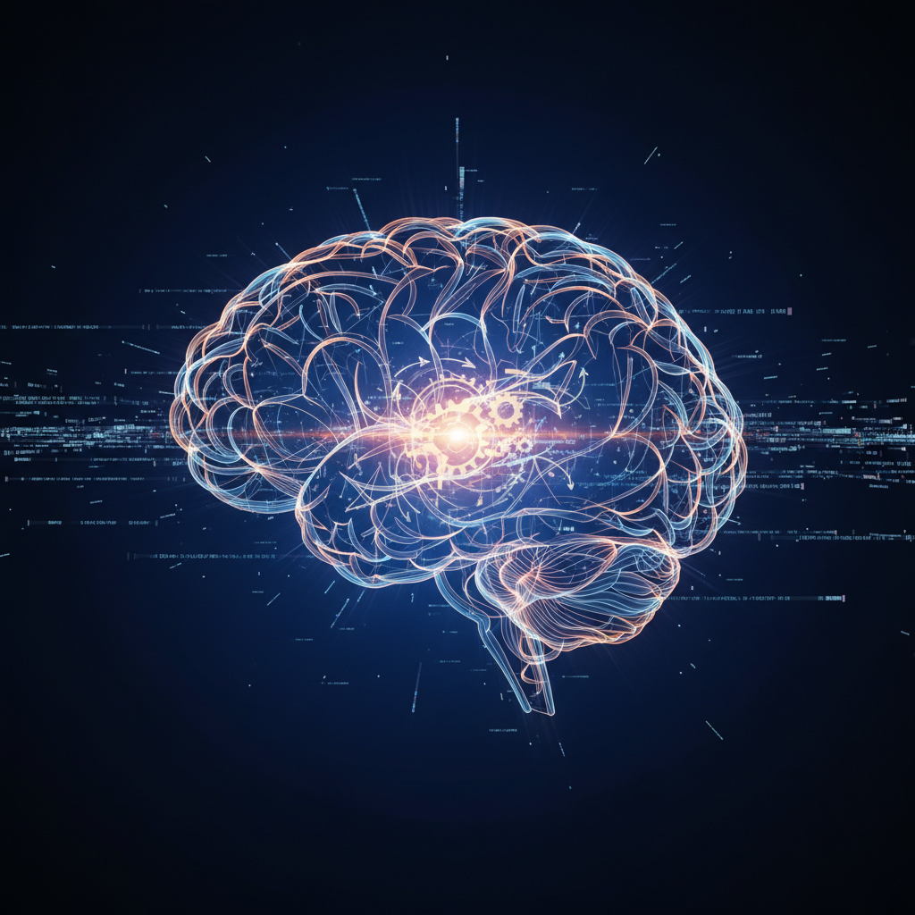 Engaging faceless video creation concept, abstract digital art of glowing brain and data streams, symbolizing high retention strategies.