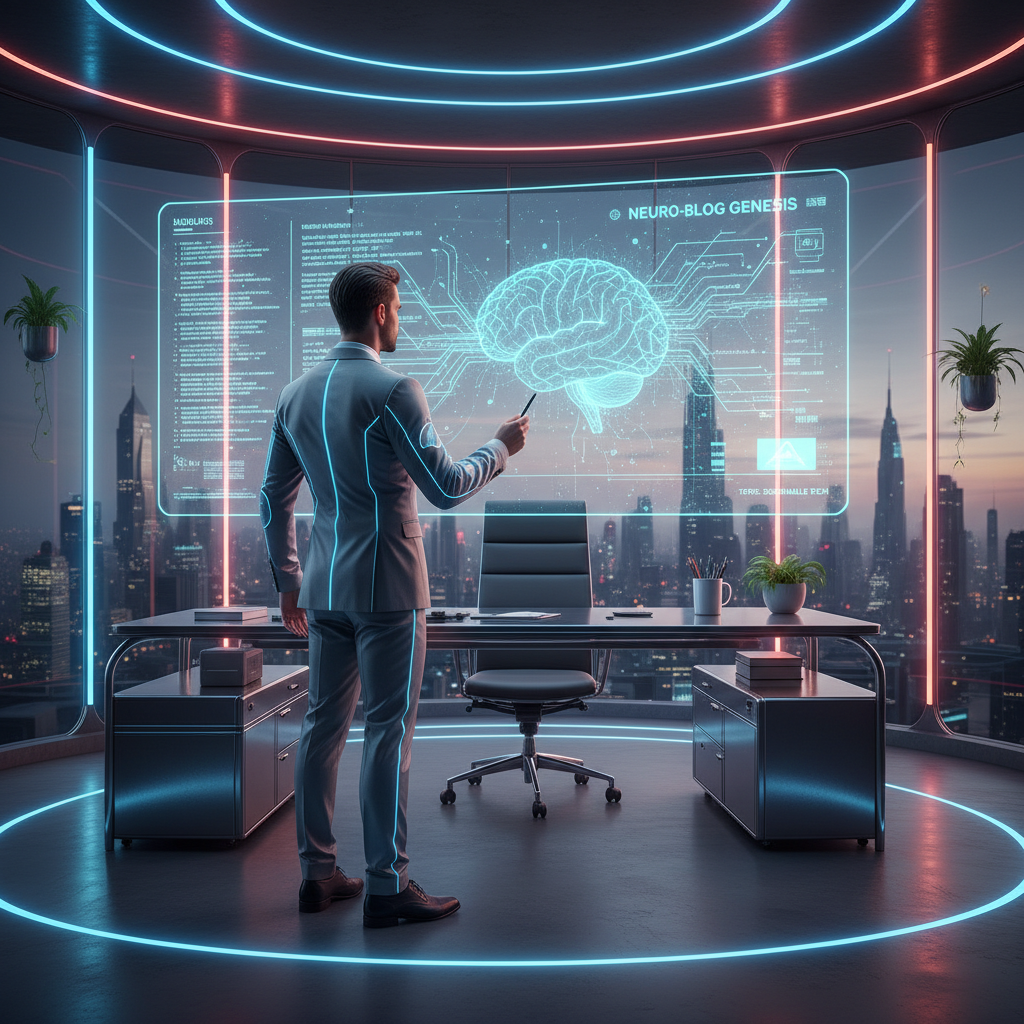 Entrepreneur observing AI blog automation creating content on a futuristic digital dashboard, concept for AI blog automation for entrepreneurs in 2026.